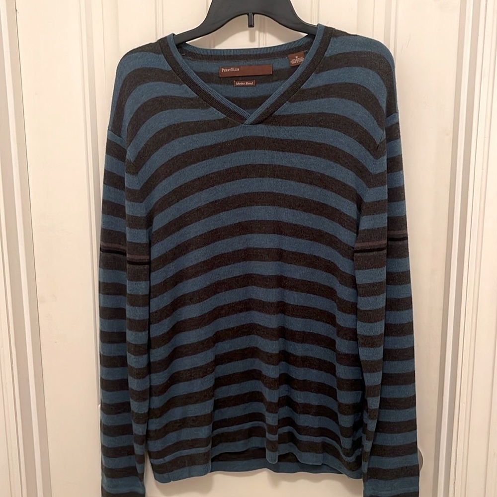 Perry Ellis V-Neck Merino Wool Blend Striped Sweater,Men’s Size M Blue &‎ Black